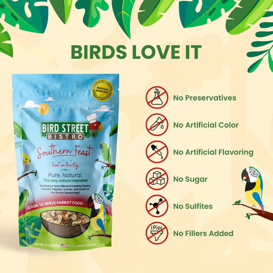 Parrot food bag Southern Feast by Bird Street Bistro, blue packaging, all natural on Tampa Home & Garden Store
