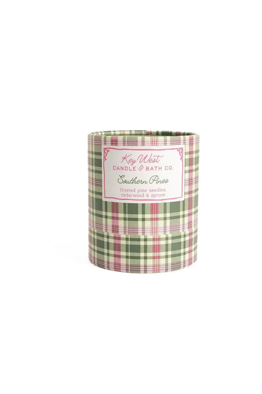 Southern Pines Christmas Tree candle in green plaid tin by Key West Candle & Bath Co. on Tampa Home & Garden Store