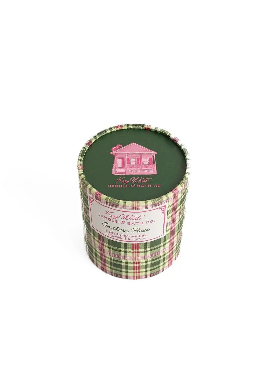 Southern Pines Christmas Tree Candle tin in green plaid metal by Key West Candle & Bath Co on Tampa Home & Garden Store
