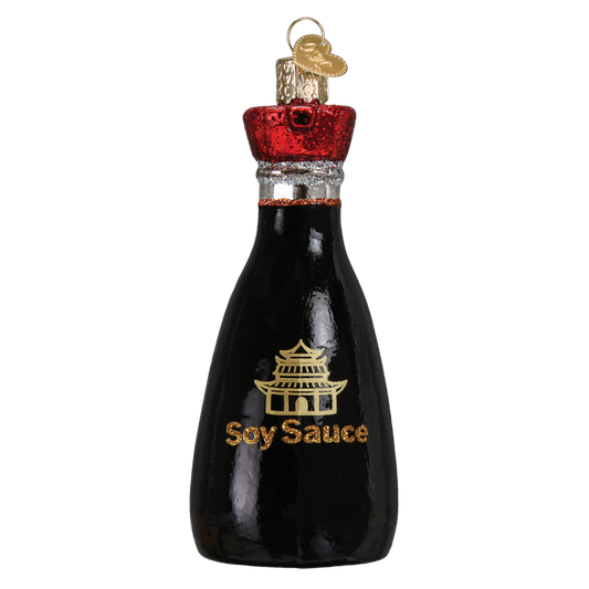 Soy Sauce Glass Ornament by Country Christmas Loft; black glass bottle with gold pagoda cap on Tampa Home & Garden Store
