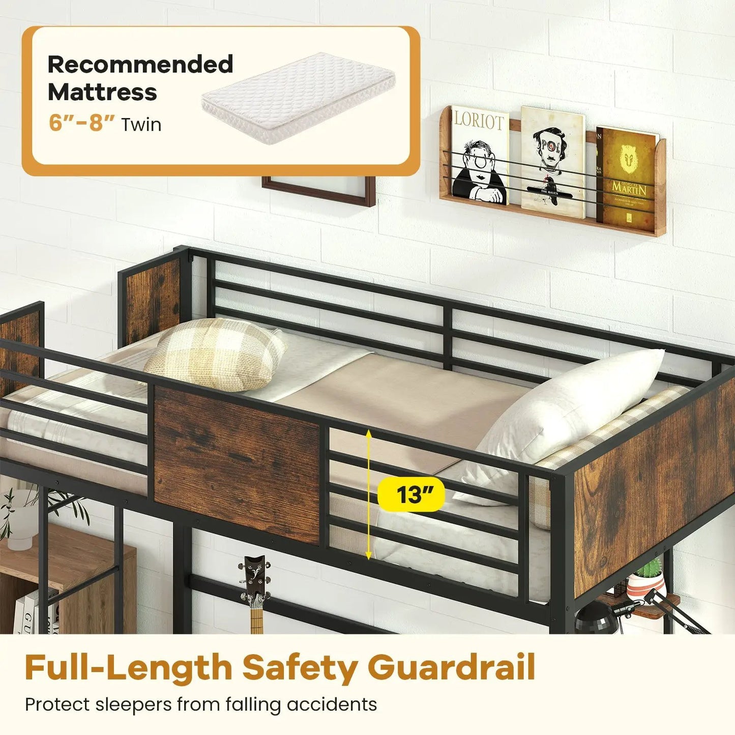 Space-Saving Twin Loft Bed Guardrail with Desk by DirectDeals, black metal and wood panels on Tampa Home & Garden Store