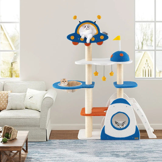 Space Theme Cat Tree with blue spaceship top, sisal posts, multiple perches, two cats on Tampa Home & Garden Store
