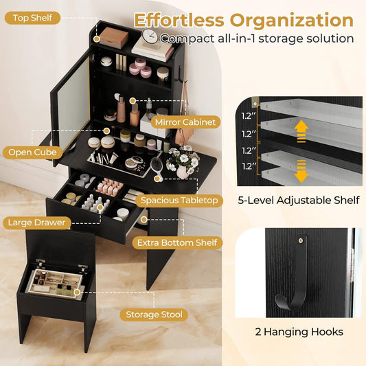 Space-Saving Vanity Desk LED Mirror in black with LED lights and 5-level adjustable shelf on Tampa Home & Garden Store