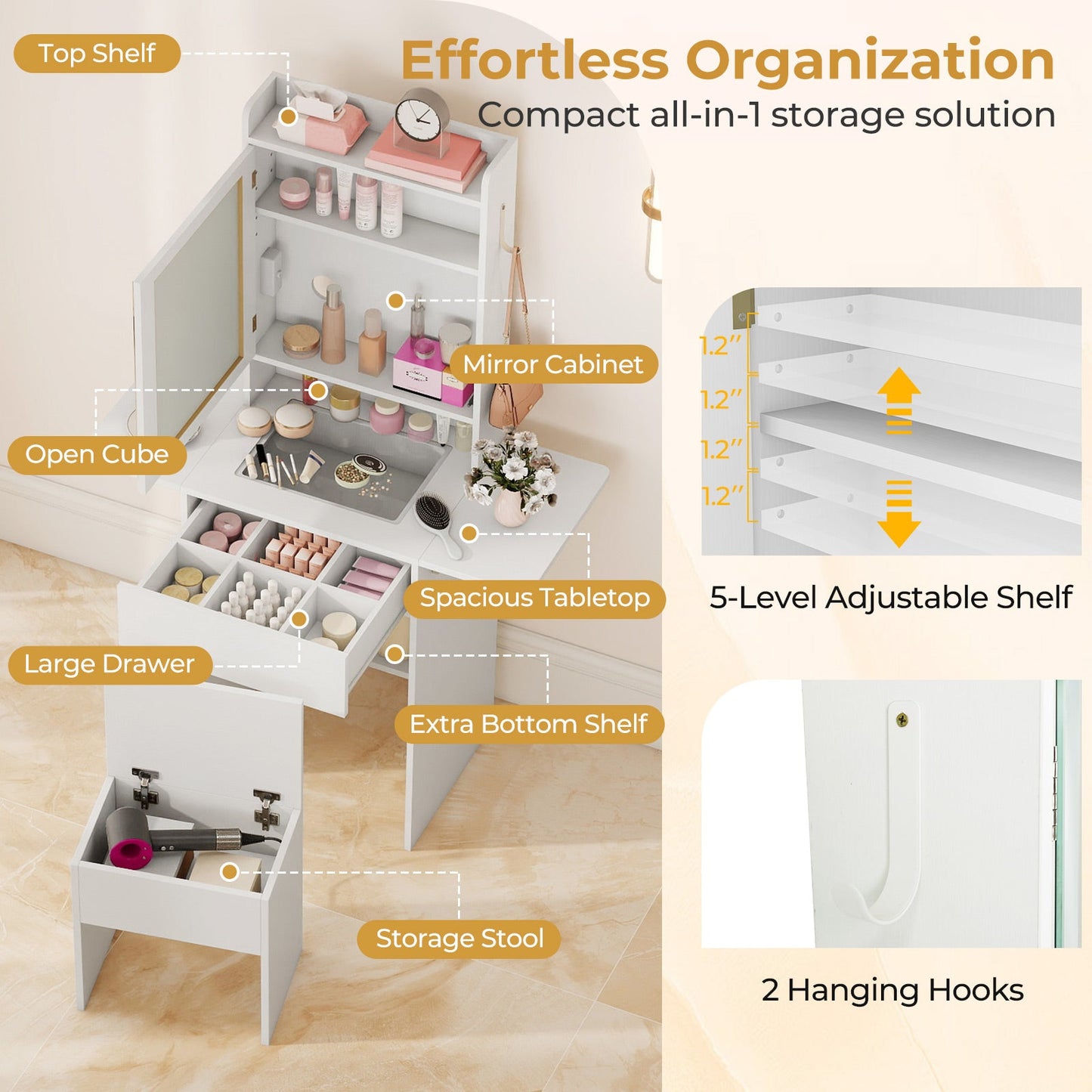 Space-Saving Vanity Desk LED Mirror by DirectDeals with open cube storage, large tabletop on Tampa Home & Garden Store