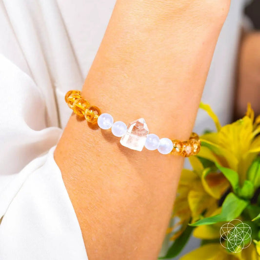 Bracelet Spark Hope Golden with amber beads and pale blue beads, crystal centerpiece on Tampa Home & Garden Store