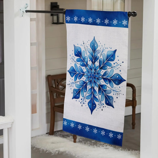 Sparkling Snowflake Burlap Garden Flag with a vivid blue snowflake motif on Tampa Home & Garden Store