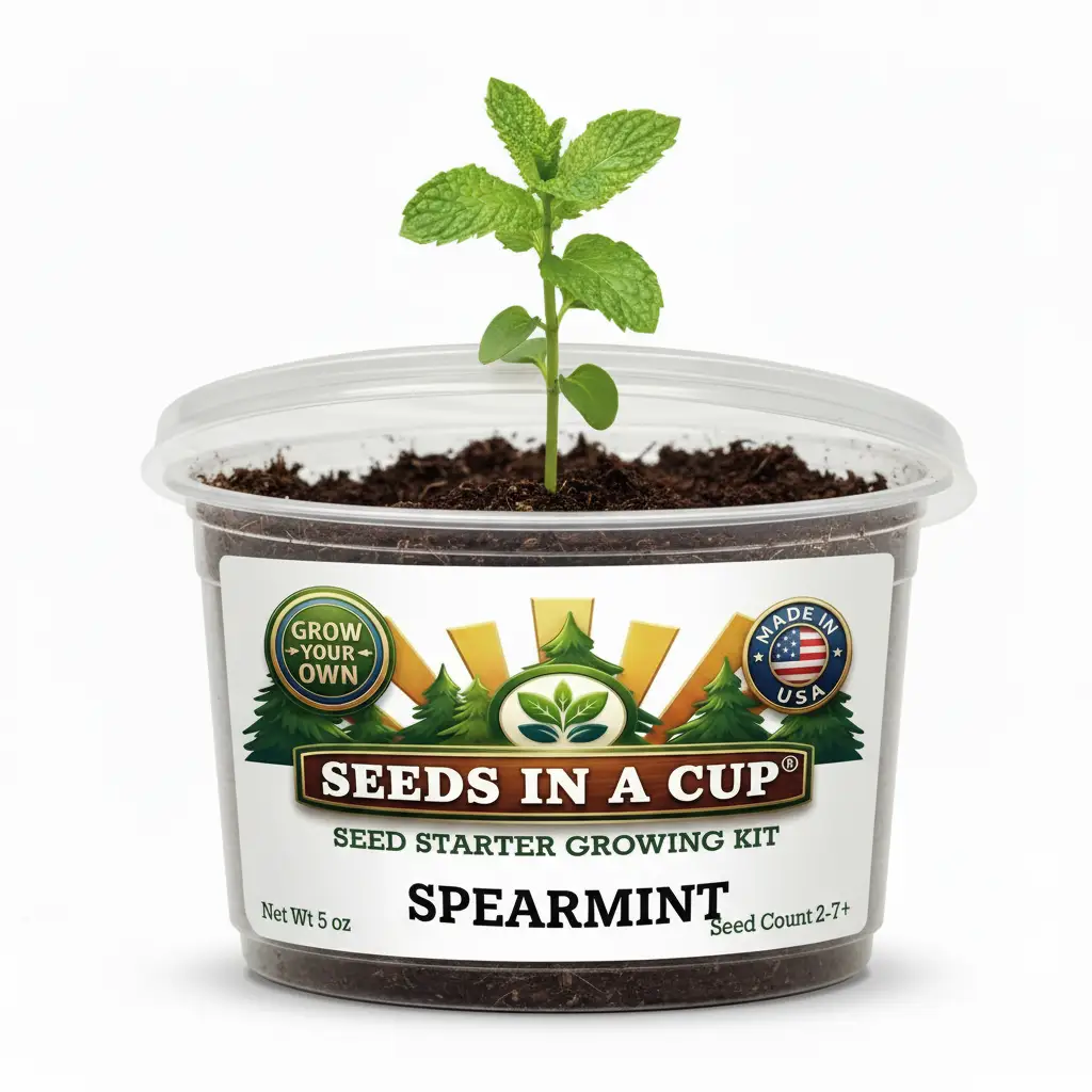 Spearmint seed starter growing kit in a clear plastic cup with Seeds In A Cup branding on Tampa Home & Garden Store