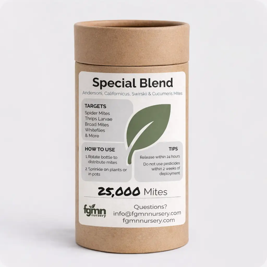Predatory Mite Mix Treatment bottle brown container with green leaf label FGMN Nursery on Tampa Home & Garden Store