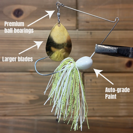 Spinnerbait with single Colorado blade, gold finish, lime-green/white skirt by 4x4bassjigs on Tampa Home & Garden Store