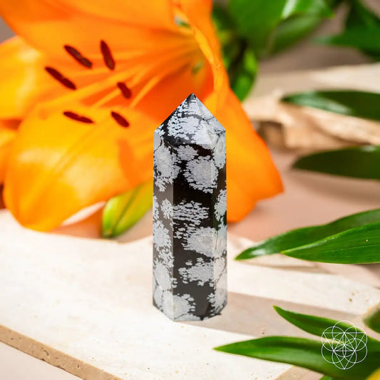 Spiritual Bodyguard Snowflake Obsidian Point, black with white patterns, home decor on Tampa Home & Garden Store