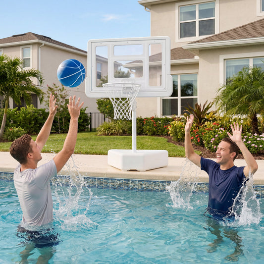 Pool Basketball Hoop by DirectDeals with adjustable height and 2 balls at pool edge on Tampa Home & Garden Store