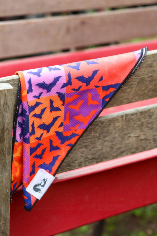 Spooky Bat Squares Halloween dog bandana with orange-pink-purple bat print and black trim Aria the Fox tag on Tampa Home & Garden Store