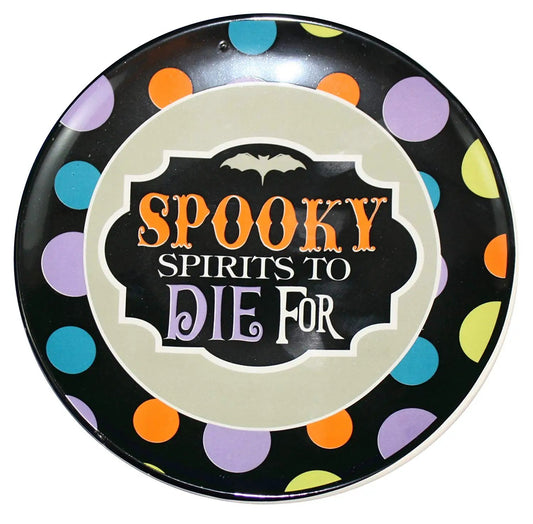 Spooky plate by The Country Christmas Loft; black with colorful polka-dot rim on Tampa Home & Garden Store