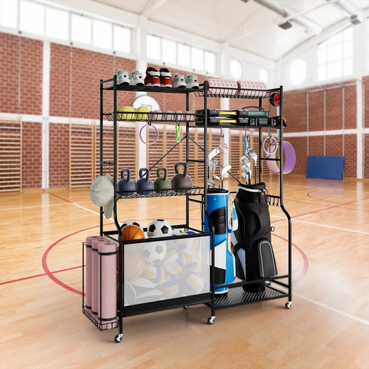 Sports Equipment Organizer with Golf Bag Rack in a black metal frame with wheels for gym gear on Tampa Home & Garden Store