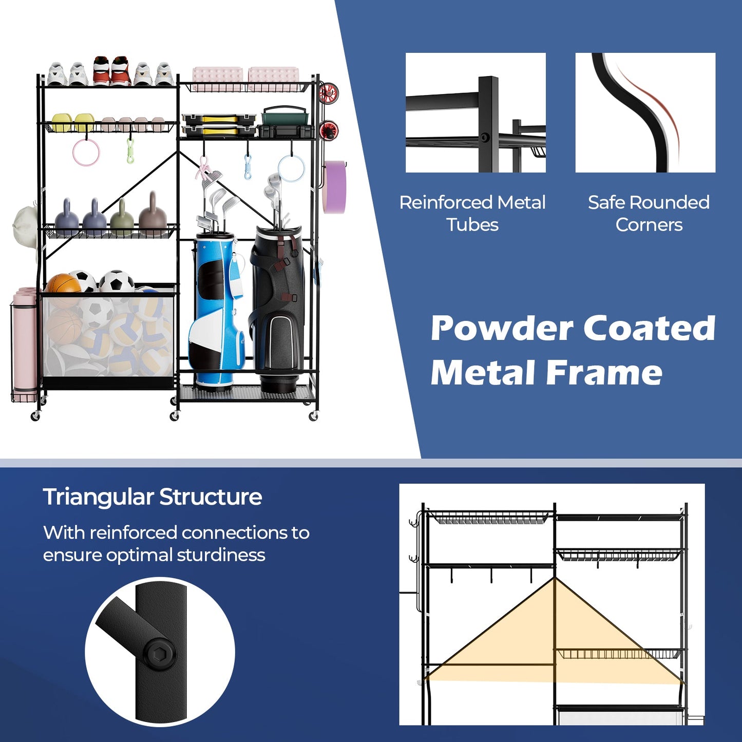 Sports Equipment Organizer with Golf Bag Rack, black powder-coated metal frame DirectDeals on Tampa Home & Garden Store