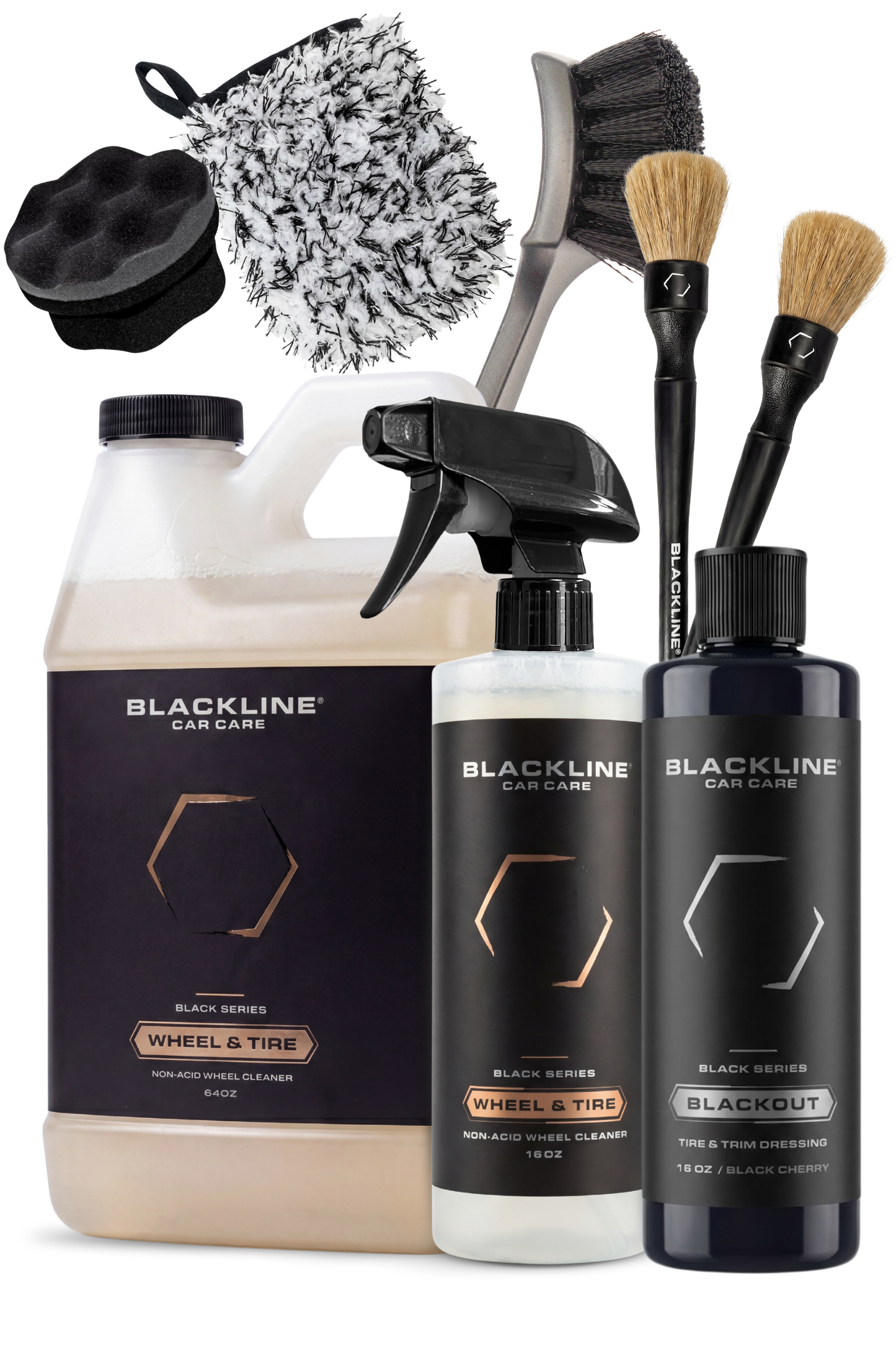 Blackline Car Care Blackout Trim & Tire Dressing kit with spray bottle and brushes on Tampa Home & Garden Store