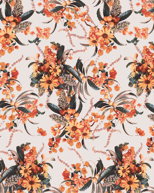 Springtime Wallpaper Off-White and Orange with floral bouquet motif on Tampa Home & Garden Store