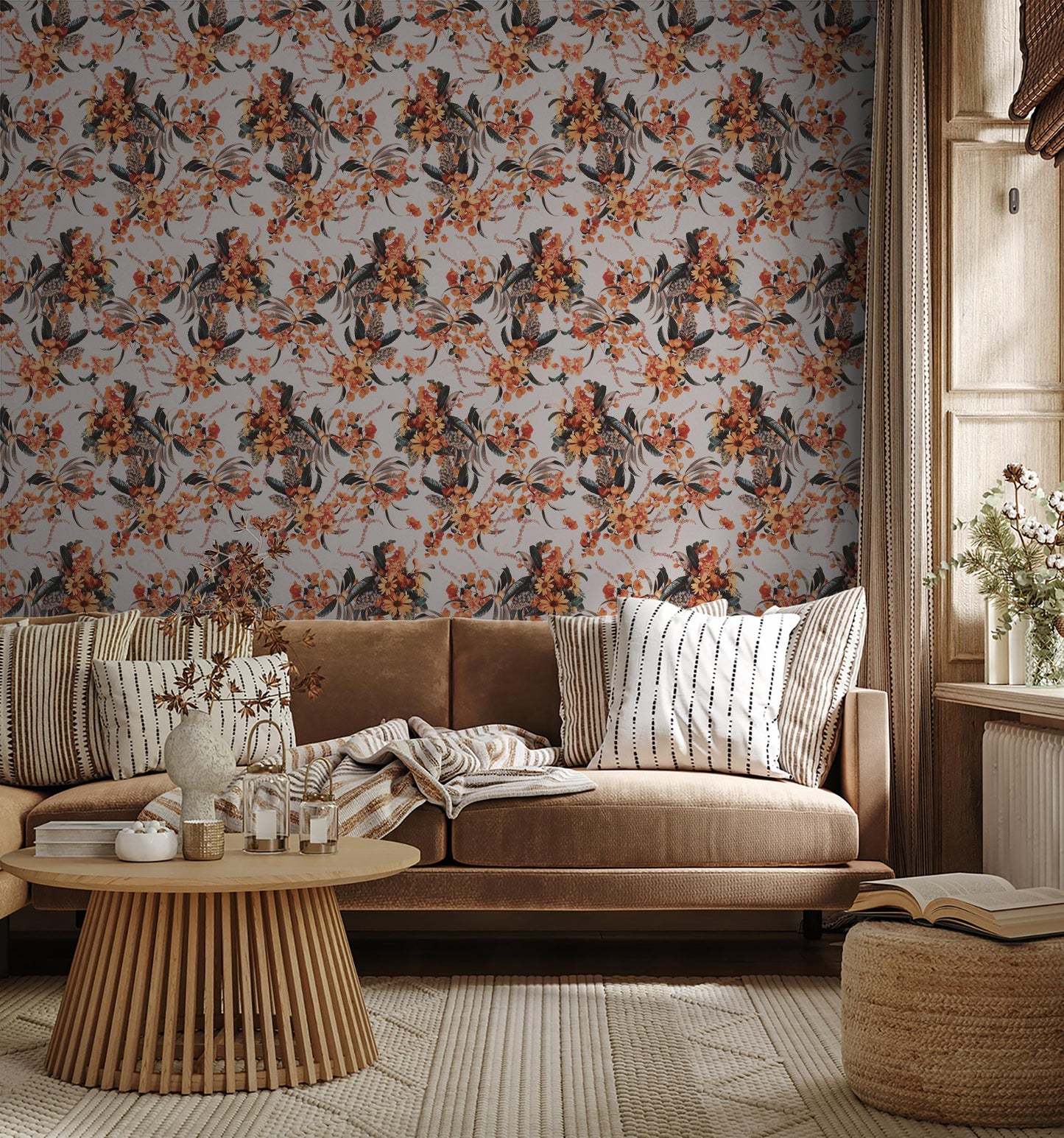 Springtime Wallpaper, off-white & orange - Tampa Home & Garden Store