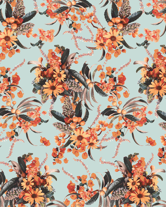Springtime Wallpaper orange and sky blue floral pattern by Samantha Santana Creative on Tampa Home & Garden Store