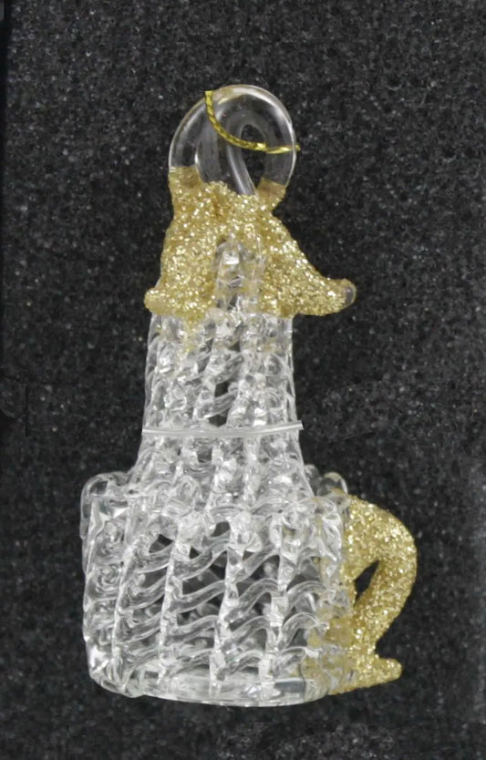 Spunglass Ornament Candlestick with Gold Flame, clear textured glass body, hanging loop on Tampa Home & Garden Store