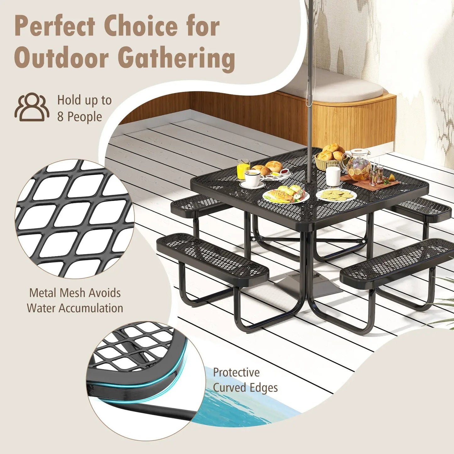 Black square picnic table with benches for 8, metal mesh surface and umbrella hole on Tampa Home & Garden Store
