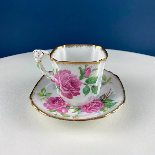 Square tea cup and saucer set with pink rose pattern, floral handle, gold trim on Tampa Home & Garden Store