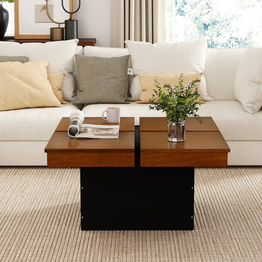 Square walnut coffee tables pair with black bases in a mid-century modern living room on Tampa Home & Garden Store