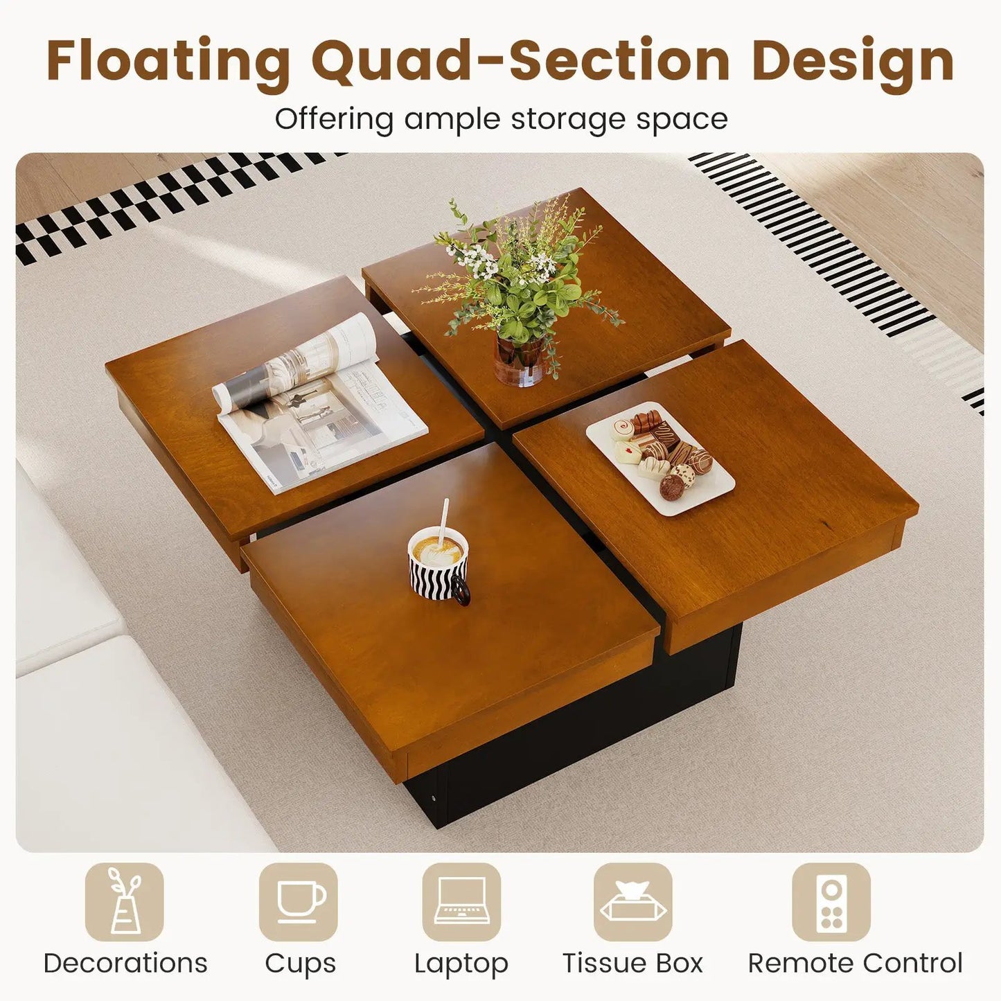 Square walnut coffee table set of four in mid-century modern style with a vase and magazine on Tampa Home & Garden Store