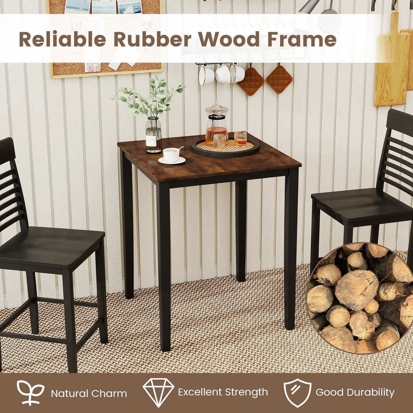 Square dining table with rubber wood frame and dark wood top for 4, DirectDeals kitchen set on Tampa Home & Garden Store