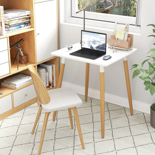 Square Dining Table With Adjustable Foot Pads white table with light wood legs in a desk setup with laptop on Tampa Home & Garden Store