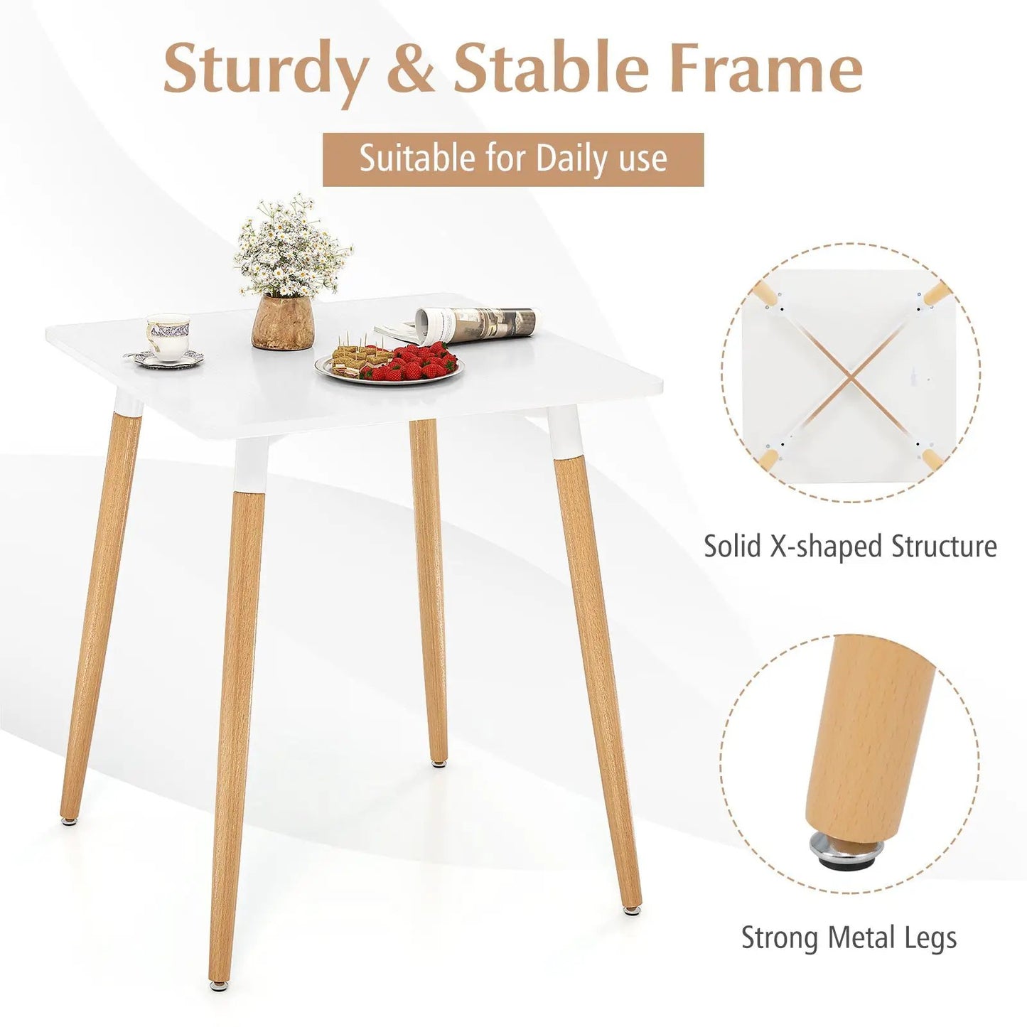 Square Dining Table with Adjustable Foot Pads white tabletop, natural wood legs DirectDeals on Tampa Home & Garden Store