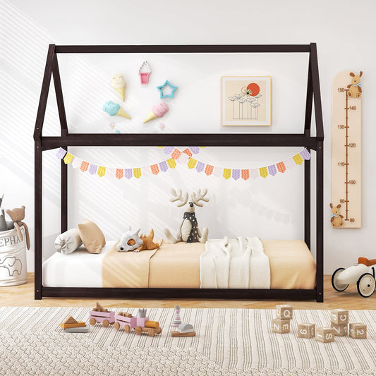Stable Kids Platform Floor Bed with Roof and Heavy-Duty Slats-Espresso - Tampa Home & Garden Store