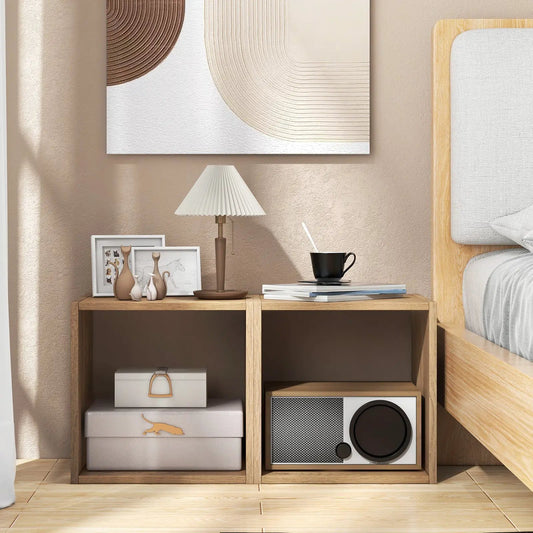 Natural wood 2-cube storage organizer set stackable modular shelves with decor and a speaker on top on Tampa Home & Garden Store