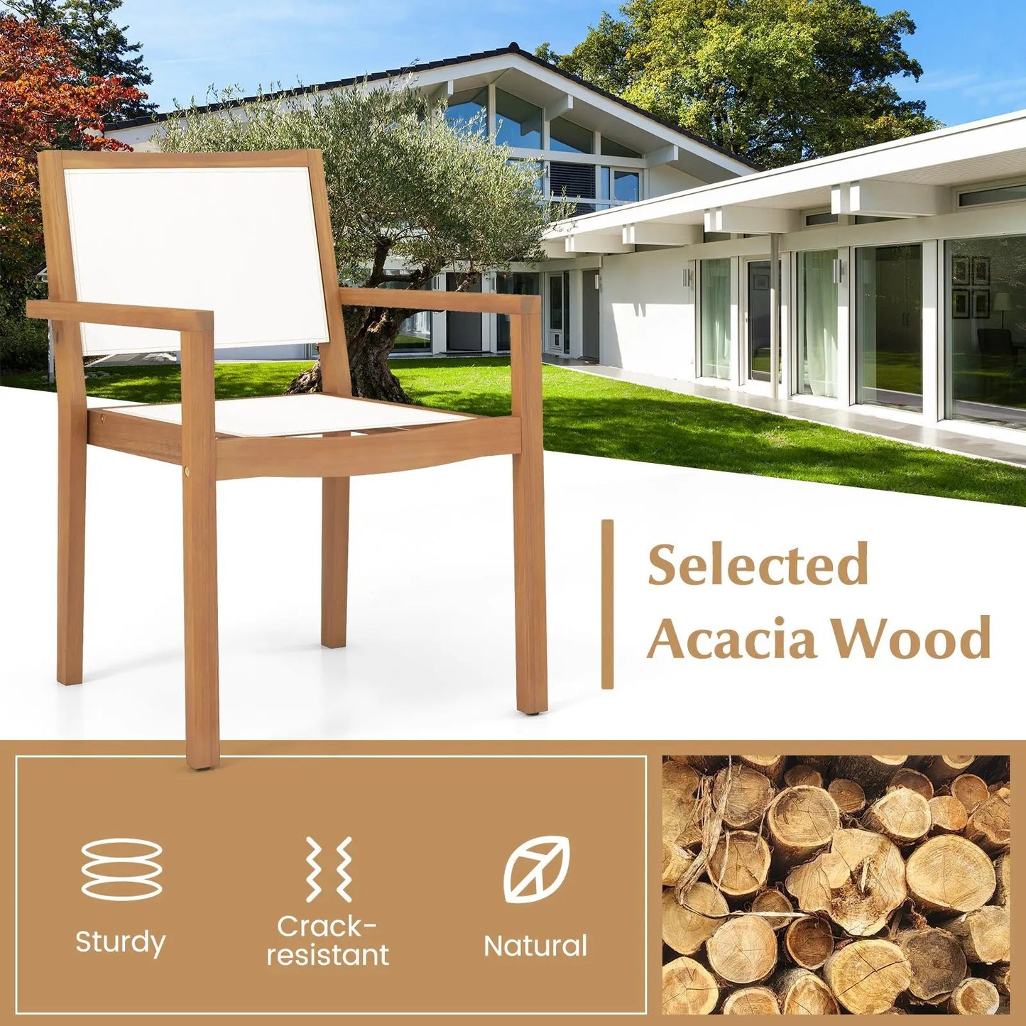 Stackable Outdoor Dining Chair Set of 2 with Acacia Wood Frame - Tampa Home & Garden Store