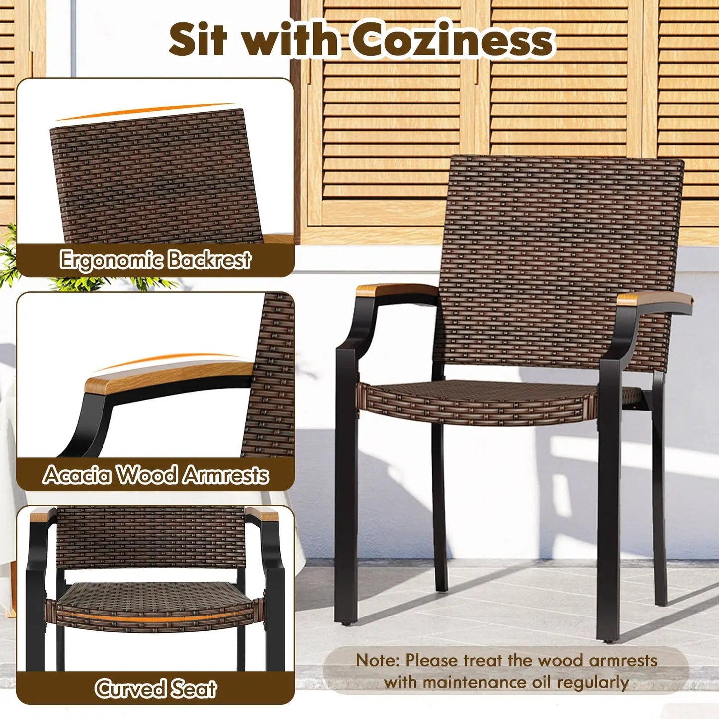 DirectDeals Stacking Wicker Chairs Set of 2 chairs with acacia wood armrests and curved backs on Tampa Home & Garden Store