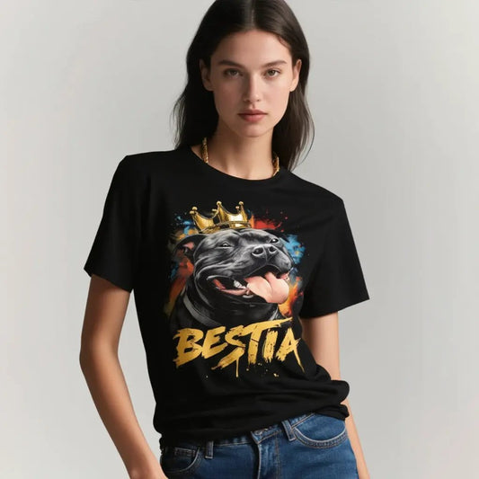 Staffy T-Shirt Black with crowned dog graphic and BESTIA lettering by Bestia Dog Gear on Tampa Home & Garden Store