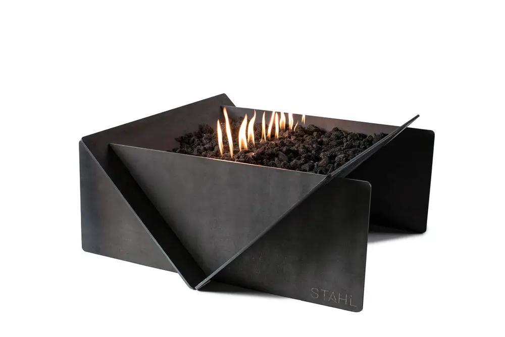 Stahl gas fire pit black metal geometric design with lava rock on Tampa Home & Garden Store