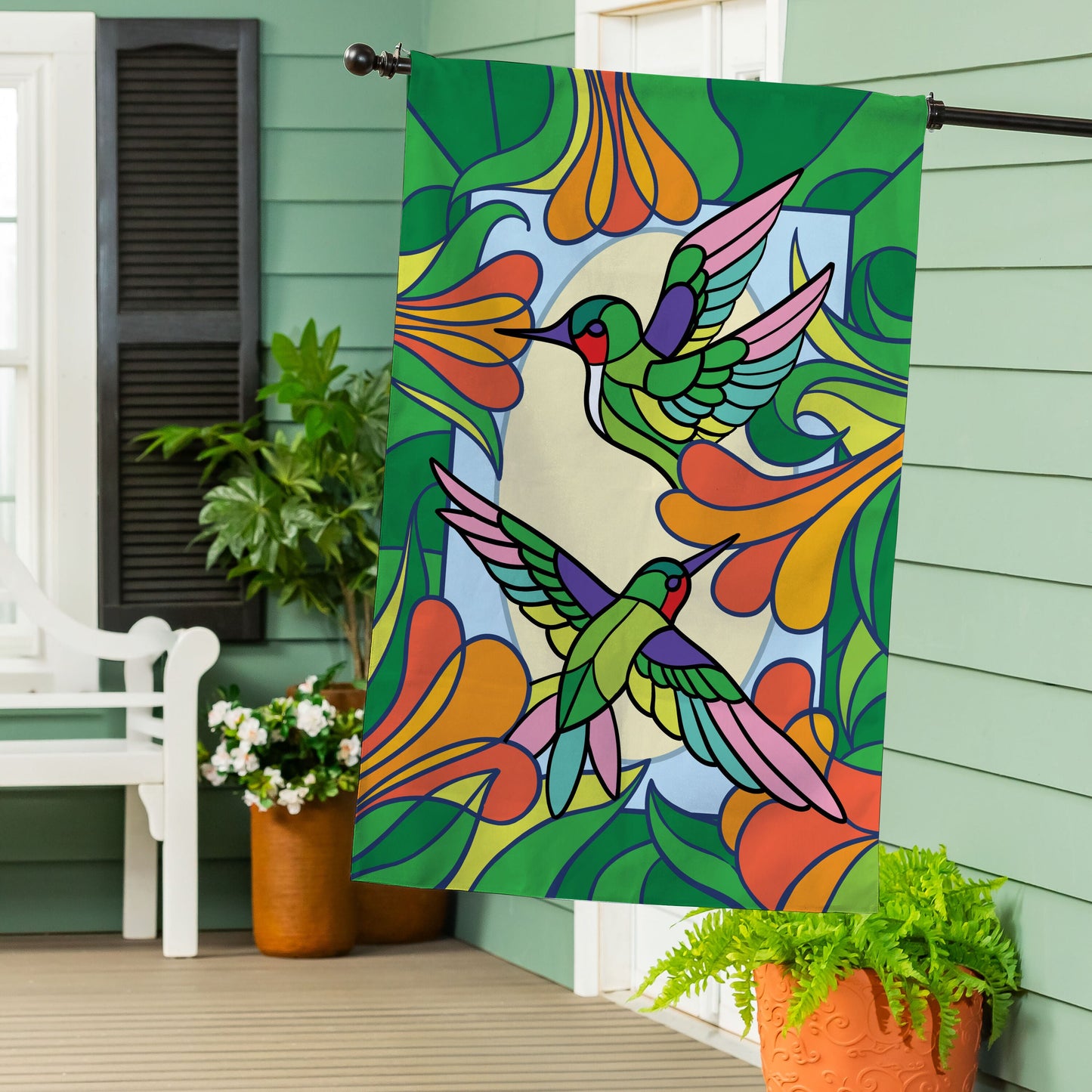Stained Glass Hummingbirds Burlap House Flag - Tampa Home & Garden Store