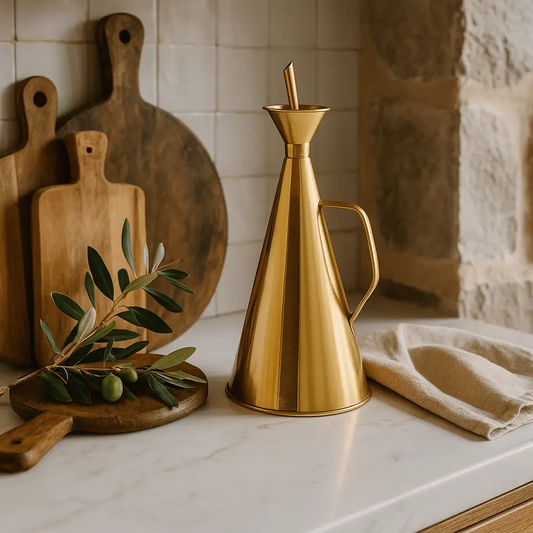 Stainless steel oil cruet with gold finish, tall cone body and side handle on a marble counter on Tampa Home & Garden Store