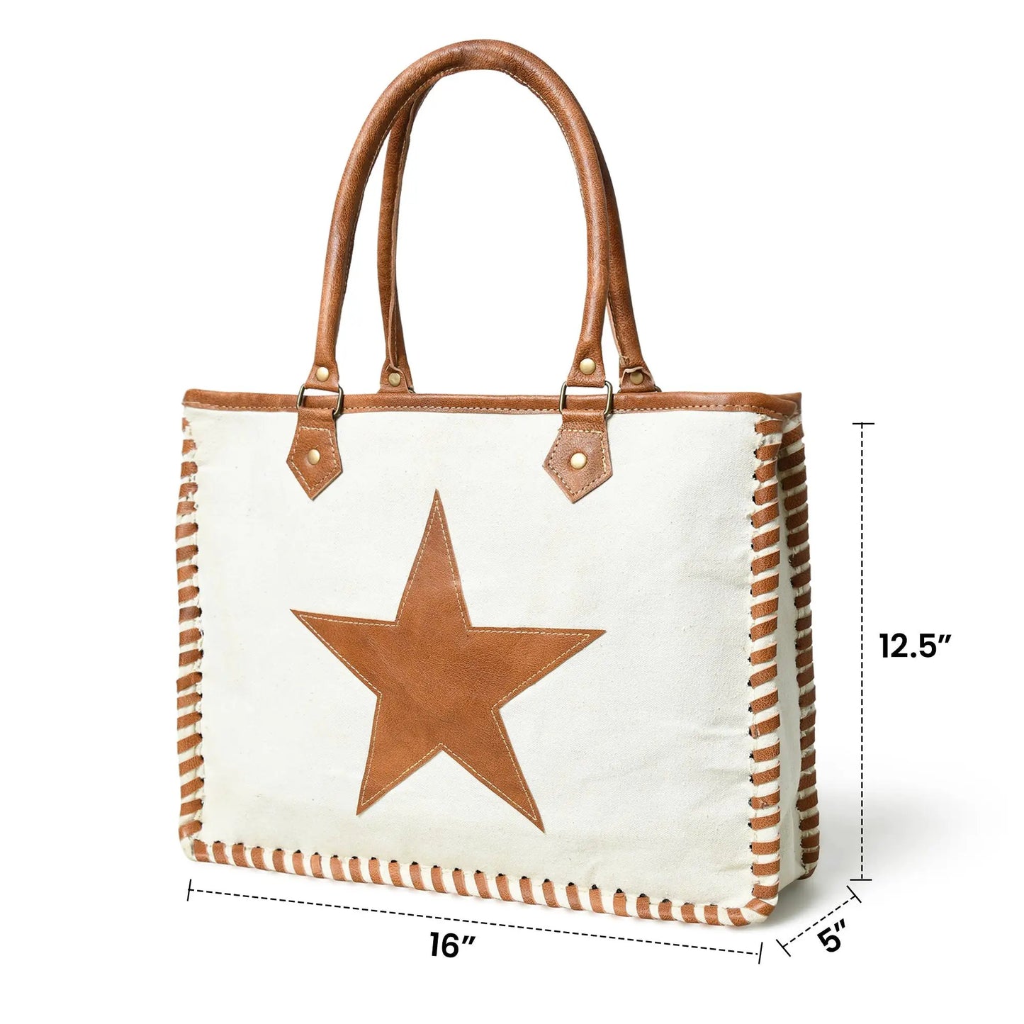 Star Upcycled Canvas Tote, leather handles on white canvas with a brown star on Tampa Home & Garden Store