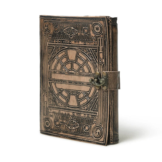 Star Wars leather journal in light brown with embossed circular designs and brass hardware on Tampa Home & Garden Store