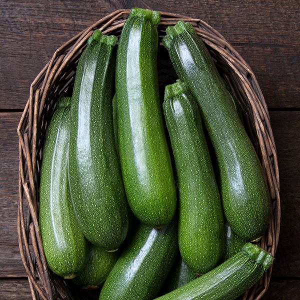 Stardust Zucchini fresh green zucchinis in a wicker basket on Tampa Home & Garden Store