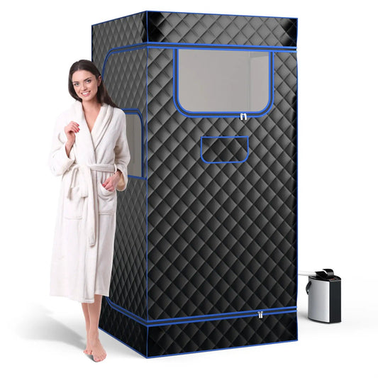 Portable steam sauna with 3L generator black quilted with blue trim and chair on Tampa Home & Garden Store