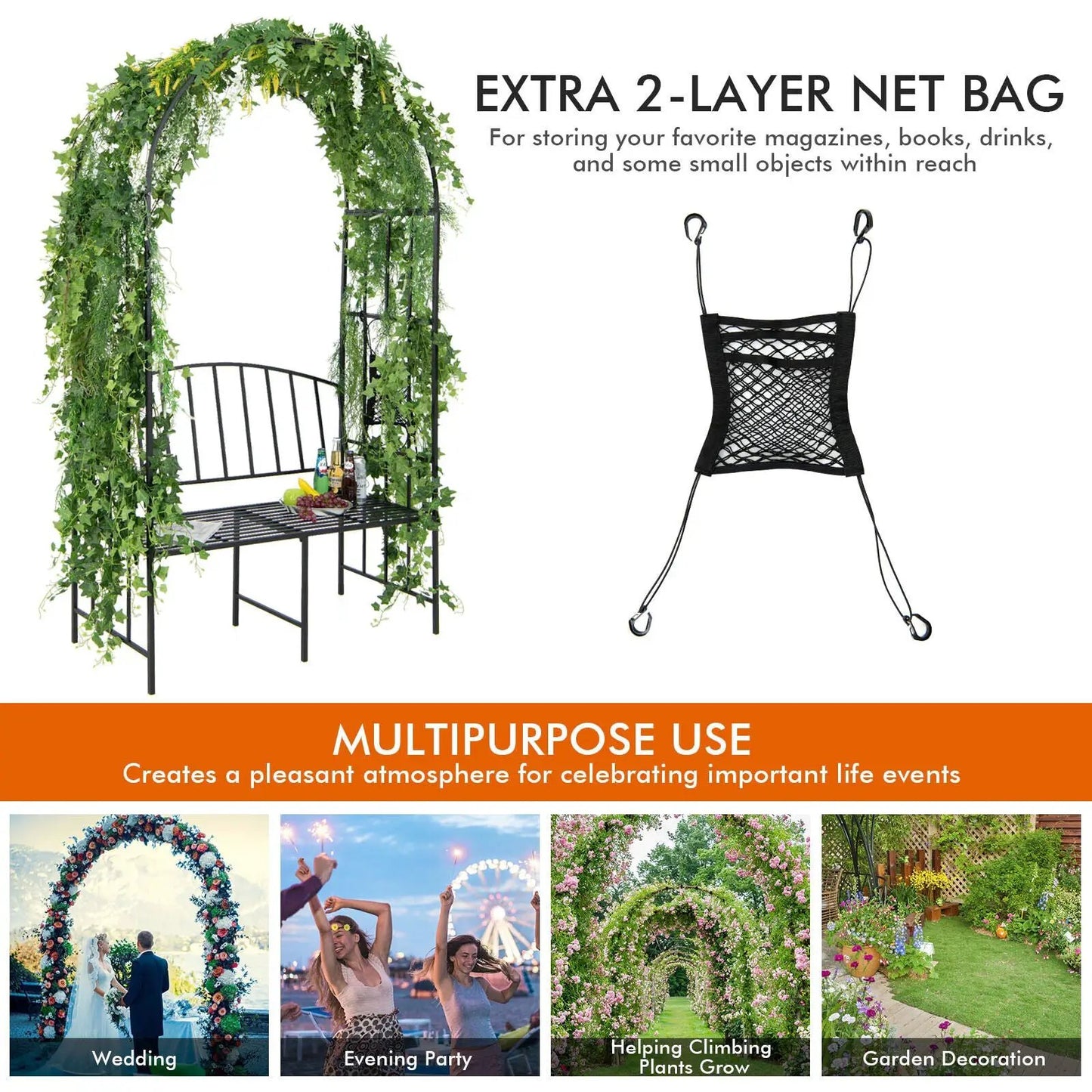 Steel garden arch with 2-seat bench in black metal, greenery wrapped on Tampa Home & Garden Store