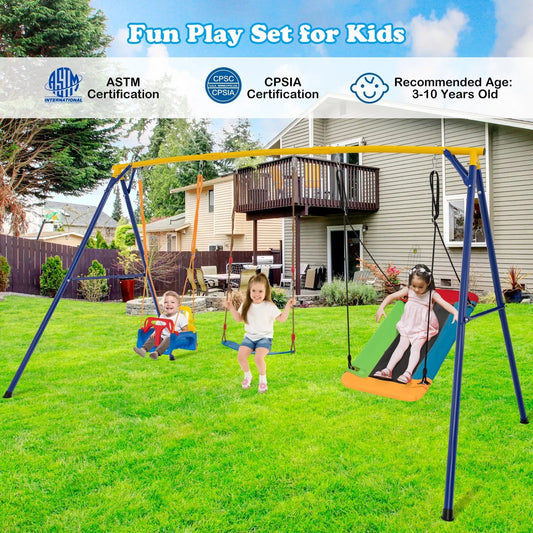 Heavy Duty Carbon Steel Swing Frame with 3 Swings yellow top bar blue legs on Tampa Home & Garden Store