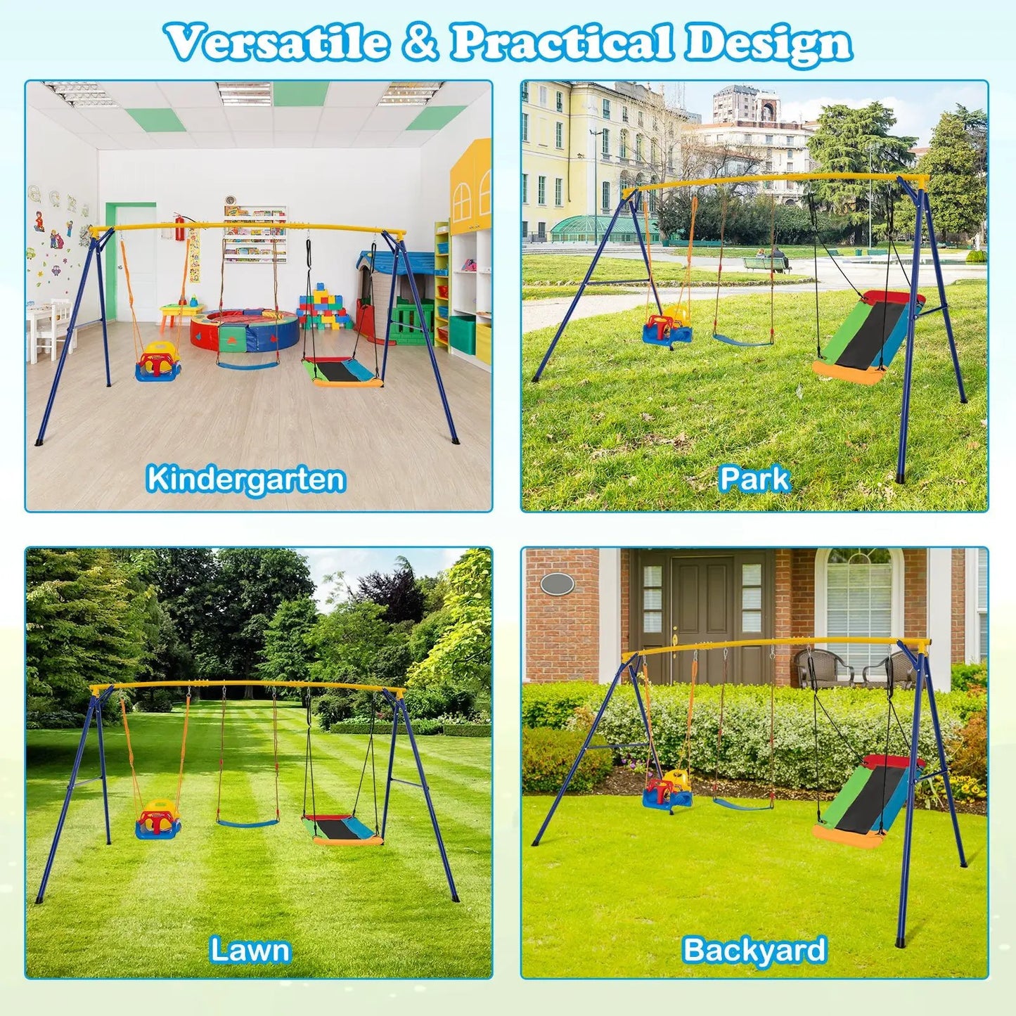 Heavy duty carbon steel swing frame with 3 swings, blue frame and yellow beam DirectDeals on Tampa Home & Garden Store