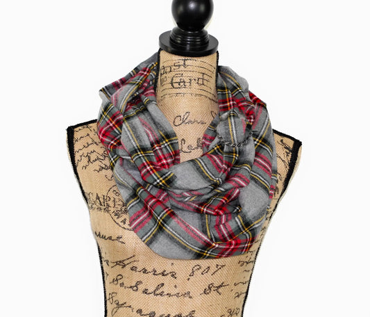 Stewart Tartan Heather Gray Infinity Scarf by Thistle & Stitch grey plaid with red accents on Tampa Home & Garden Store