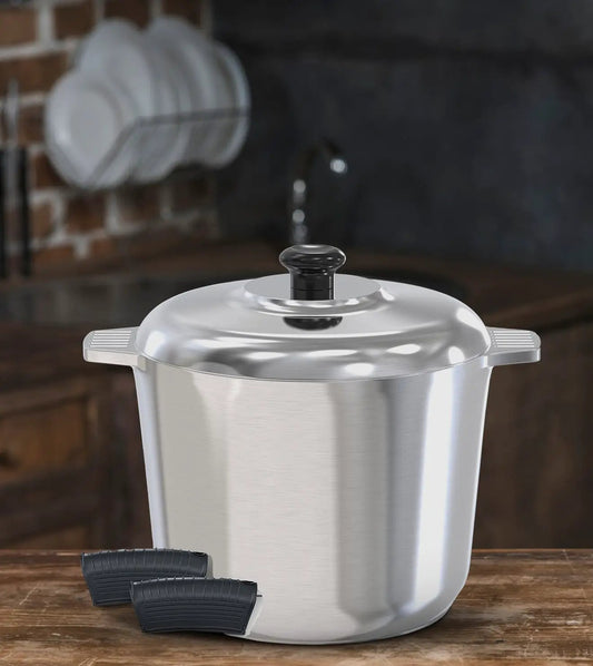 Magnaware stock pot with lid, 10-quart aluminum, brushed silver, includes 3 silicone pot holders on Tampa Home & Garden Store