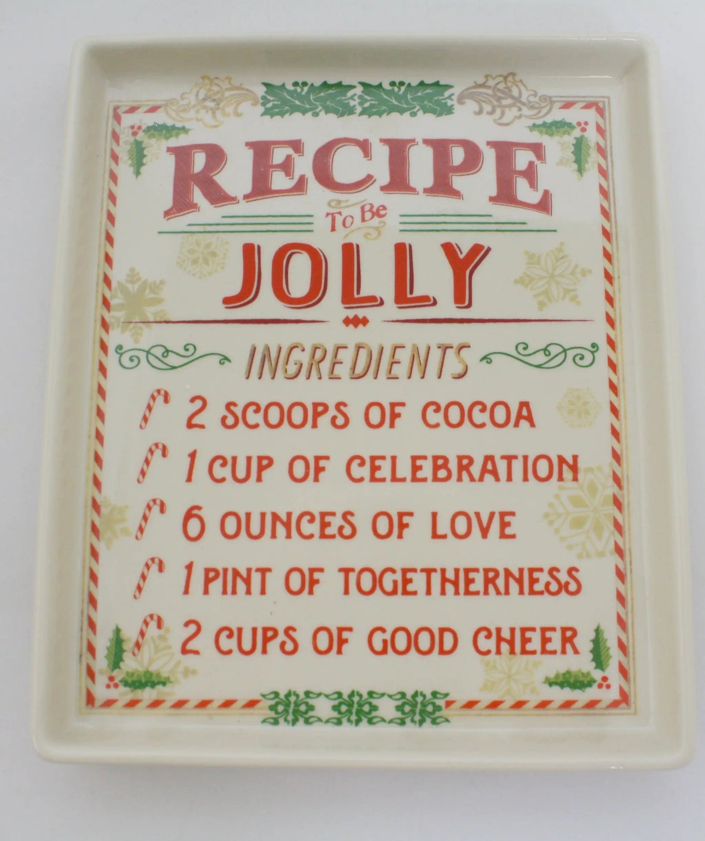 Stoneware recipe plate Be Jolly with red lettering and green holiday border on Tampa Home & Garden Store