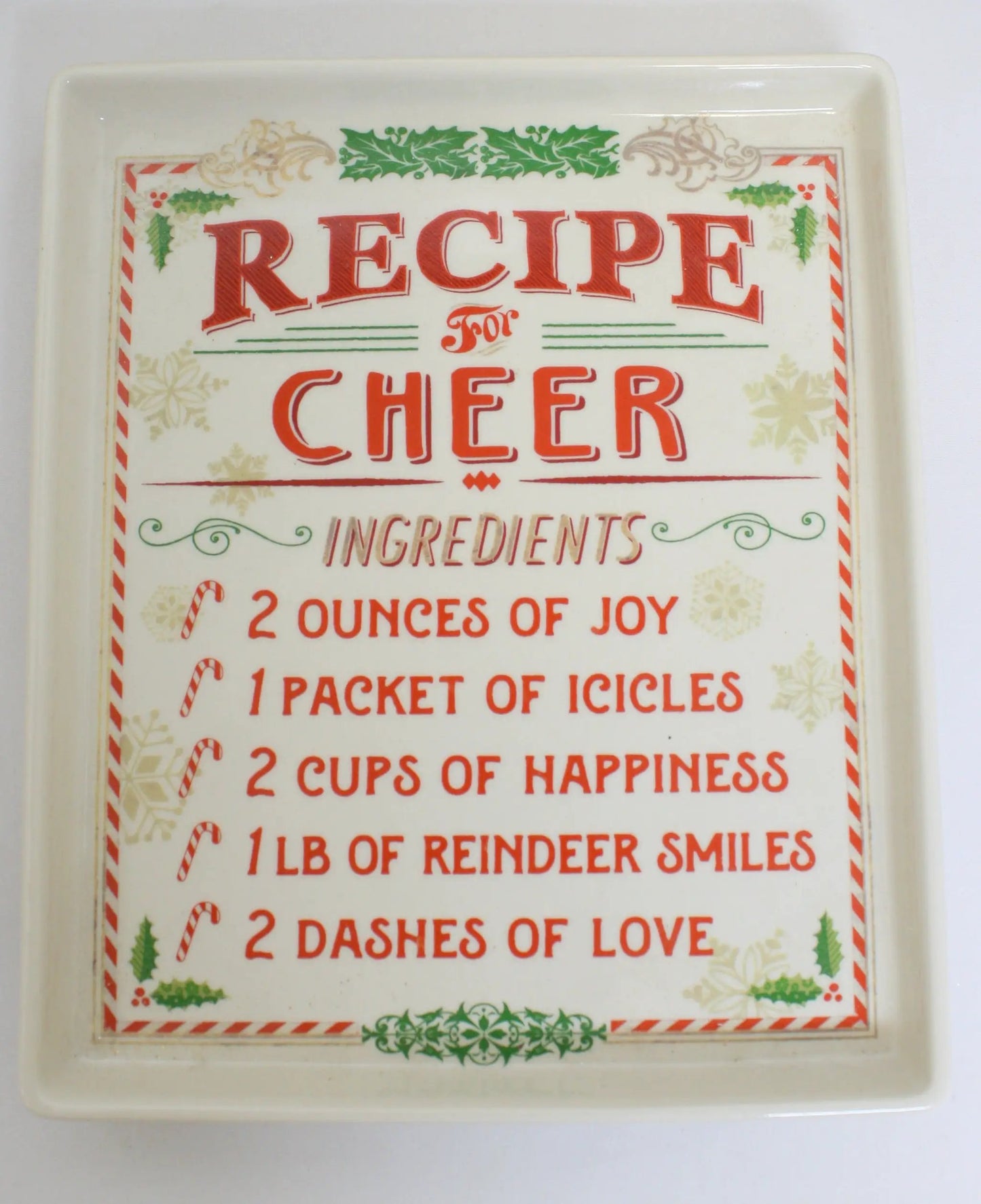 Stoneware Recipe Plate for Cheer and Cookies plate with red RECIPE text and holly accents on Tampa Home & Garden Store